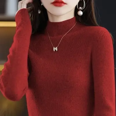 2026 Fall/Winter New Knit Sweater for Women, Slim Fit, Half High Collar, Short Base Layer Sweater, Trendy