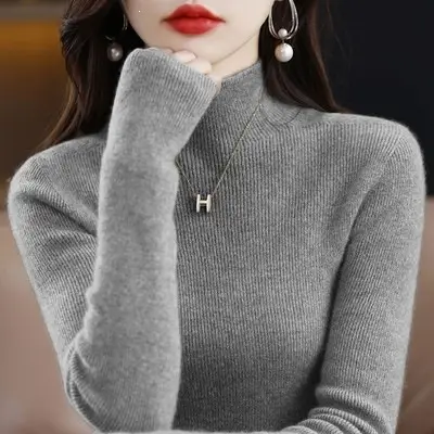 2026 Fall/Winter New Knit Sweater for Women, Slim Fit, Half High Collar, Short Base Layer Sweater, Trendy