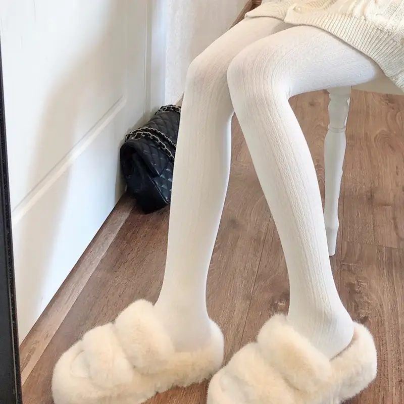 Knitted pattern autumn and winter fleece-lined milky white pantyhose for women, pressure beige stockings, thickened warm leggings
