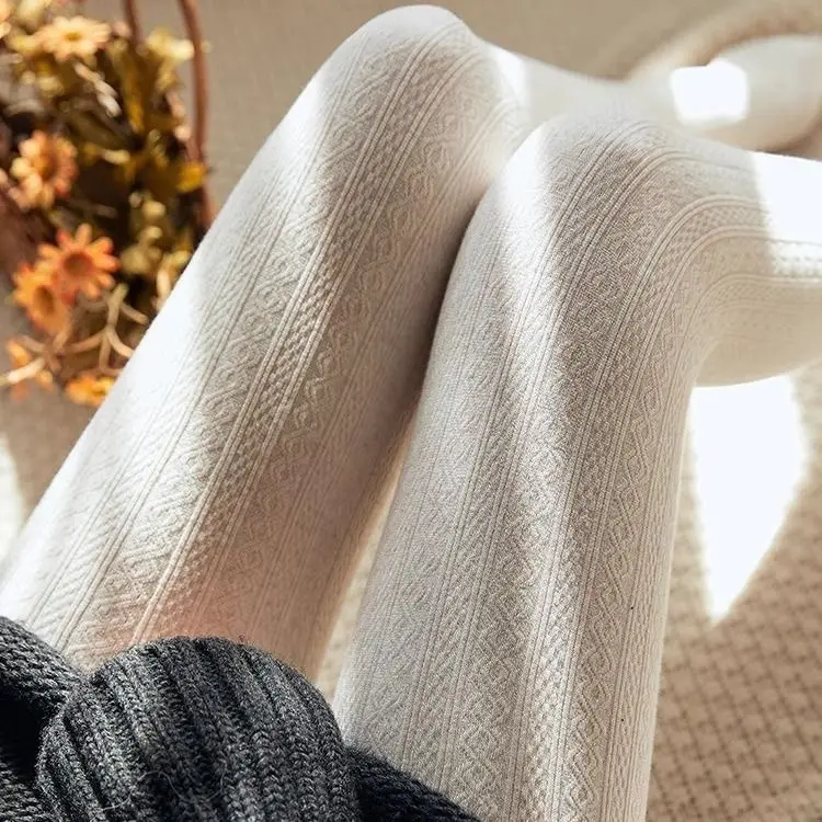 Knitted pattern autumn and winter fleece-lined milky white pantyhose for women, pressure beige stockings, thickened warm leggings