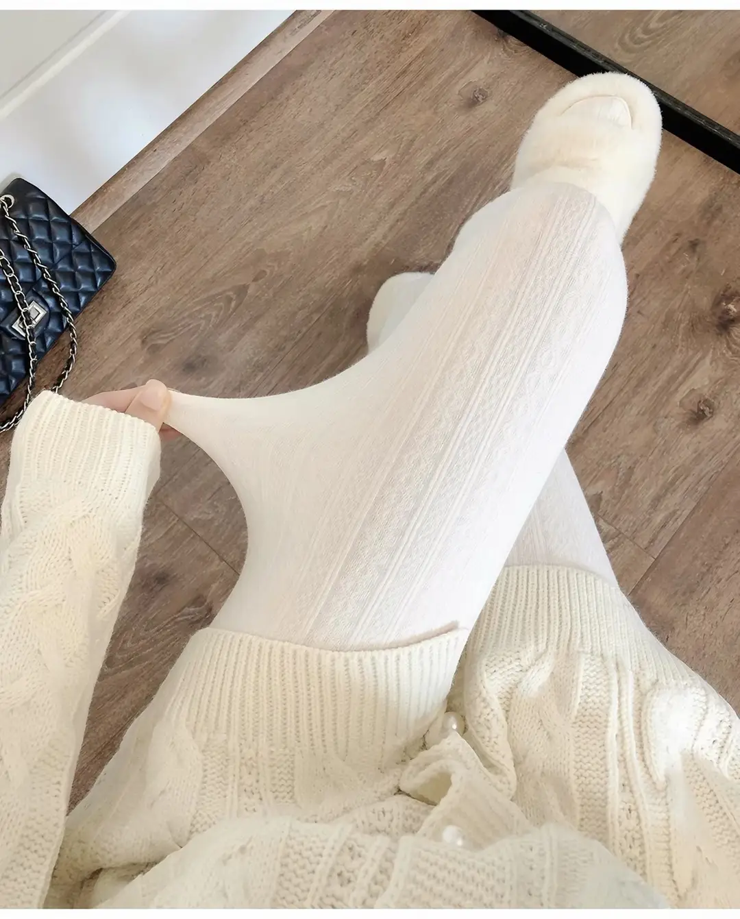 Knitted pattern autumn and winter fleece-lined milky white pantyhose for women, pressure beige stockings, thickened warm leggings — feature 1
