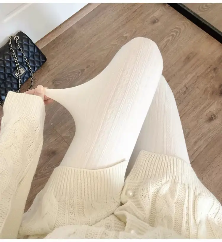 Knitted pattern autumn and winter fleece-lined milky white pantyhose for women, pressure beige stockings, thickened warm leggings — feature 10