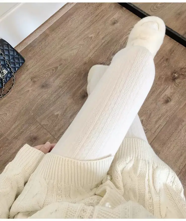 Knitted pattern autumn and winter fleece-lined milky white pantyhose for women, pressure beige stockings, thickened warm leggings — feature 11