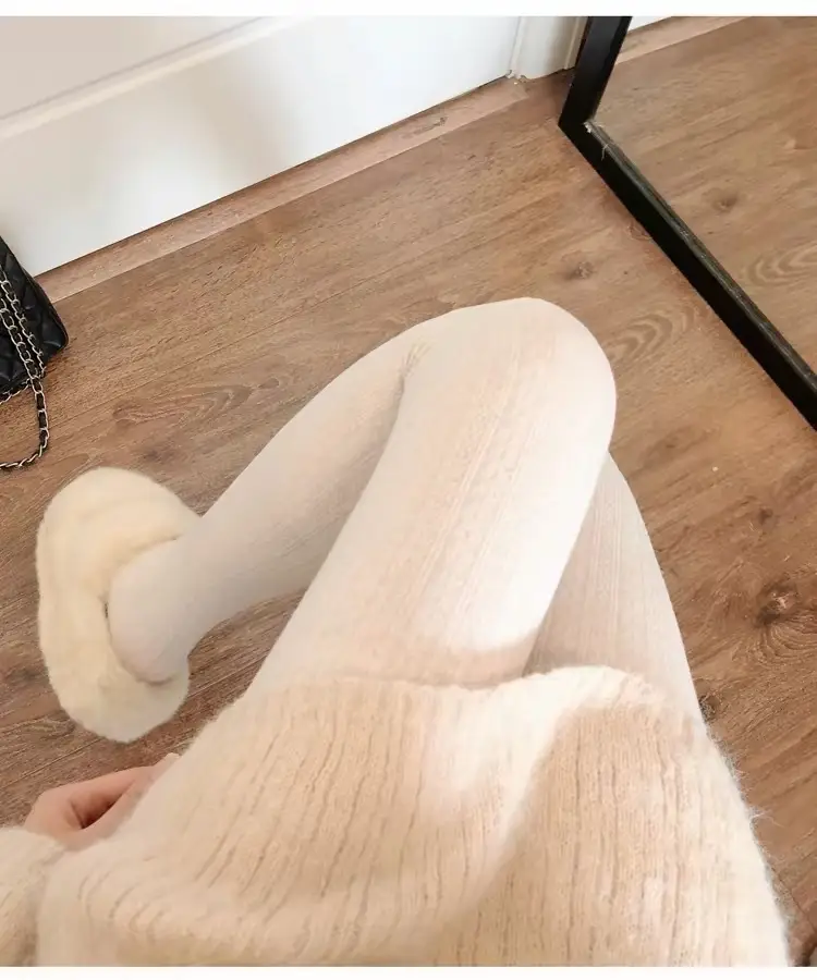Knitted pattern autumn and winter fleece-lined milky white pantyhose for women, pressure beige stockings, thickened warm leggings — feature 16