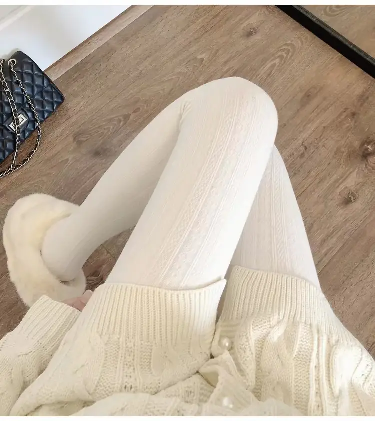 Knitted pattern autumn and winter fleece-lined milky white pantyhose for women, pressure beige stockings, thickened warm leggings — feature 2