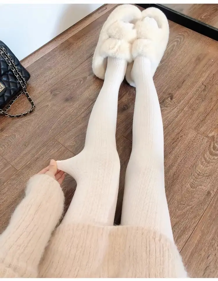 Knitted pattern autumn and winter fleece-lined milky white pantyhose for women, pressure beige stockings, thickened warm leggings — feature 20