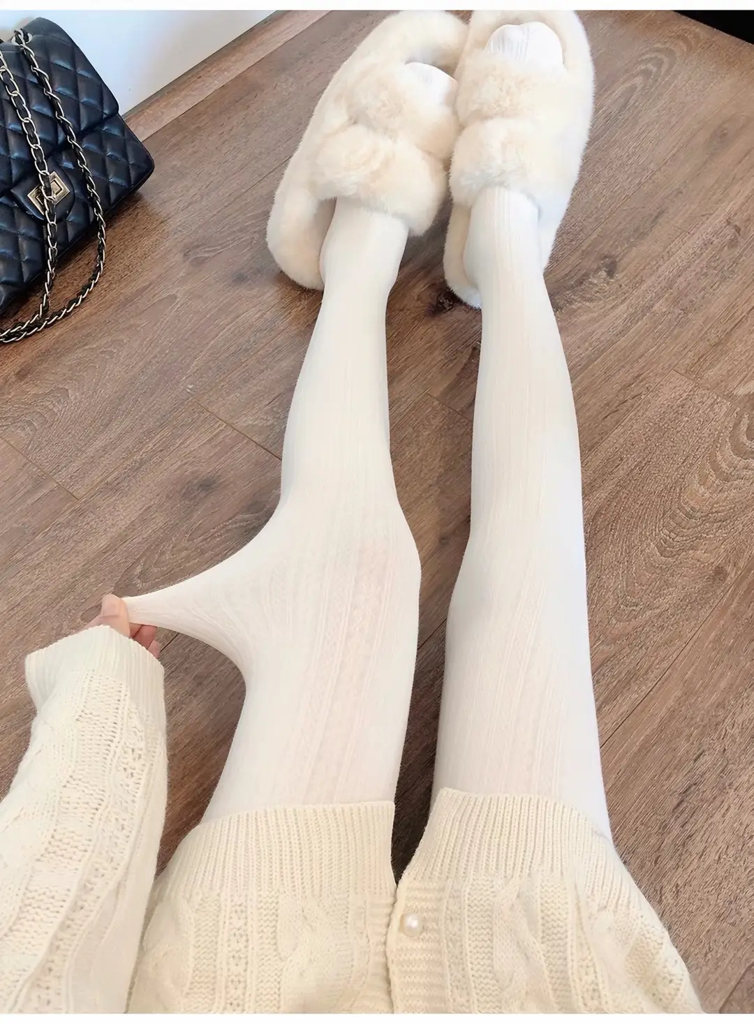 Knitted pattern autumn and winter fleece-lined milky white pantyhose for women, pressure beige stockings, thickened warm leggings — feature 3