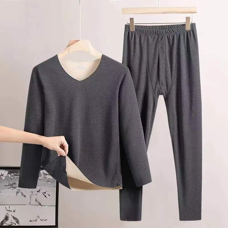 Men's thermal underwear set made of German velvet, seamless AB-side V-neck, constant temperature heating, quick-warming, double-sided men's style
