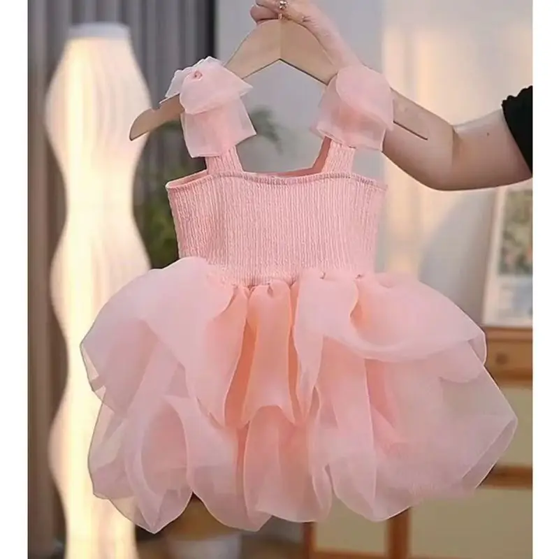 Girls' New Summer Princess Dress, Children's Strap Puffy Dress, Baby's Birthday Dress, Stylish Mesh Dress