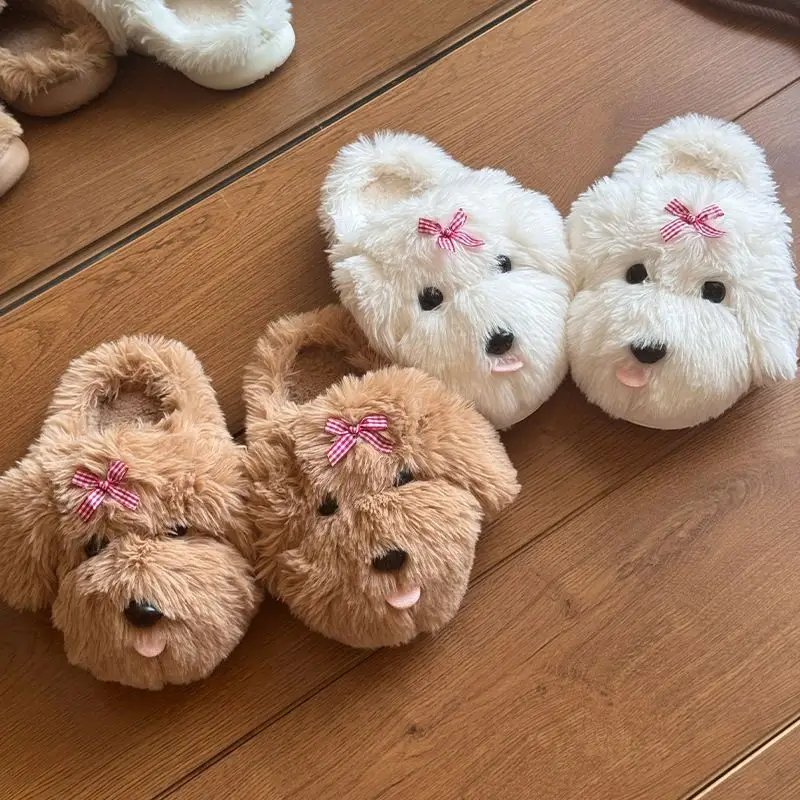 Super cute women's cotton slippers for winter, home use, with tongue-out puppy design, plush lined, warm, indoor non-slip soft-soled furry slippers
