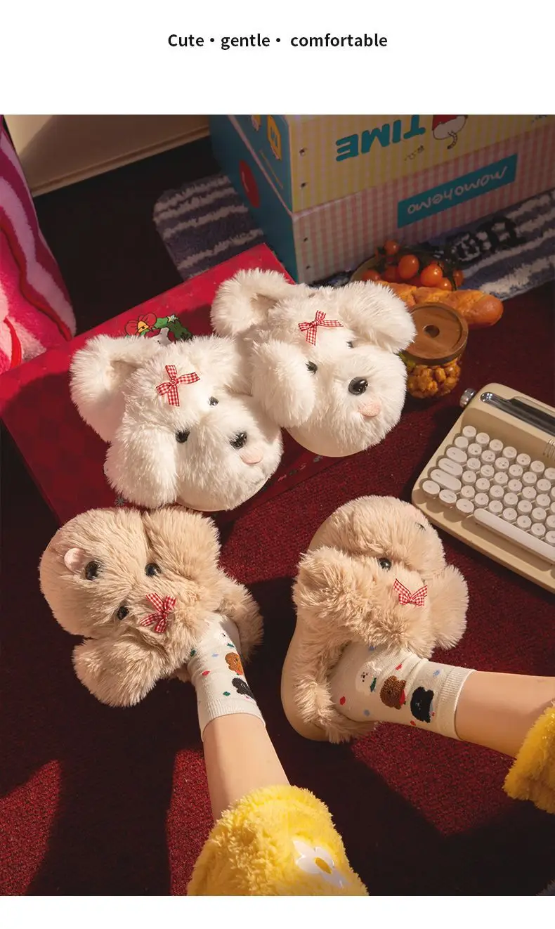 Super cute women's cotton slippers for winter, home use, with tongue-out puppy design, plush lined, warm, indoor non-slip soft-soled furry slippers — feature 10