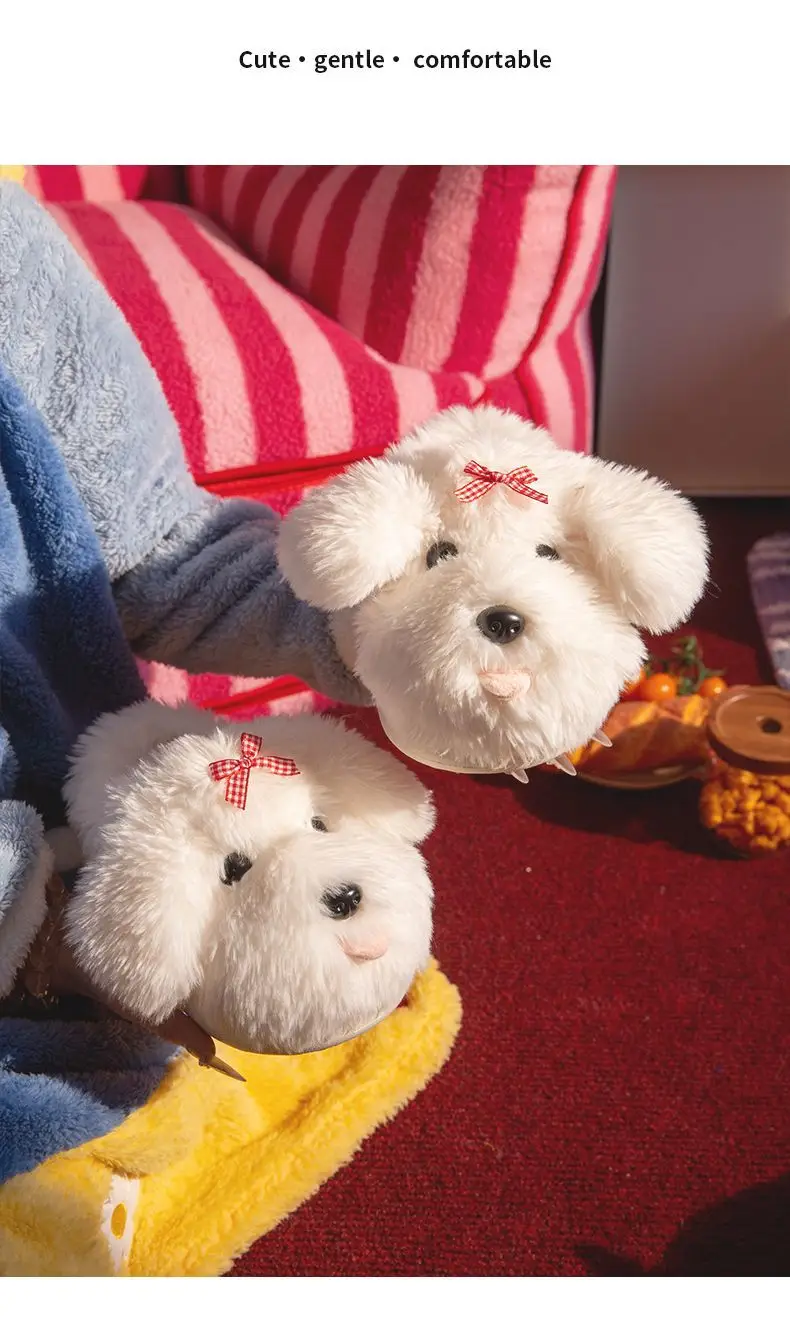 Super cute women's cotton slippers for winter, home use, with tongue-out puppy design, plush lined, warm, indoor non-slip soft-soled furry slippers — feature 11
