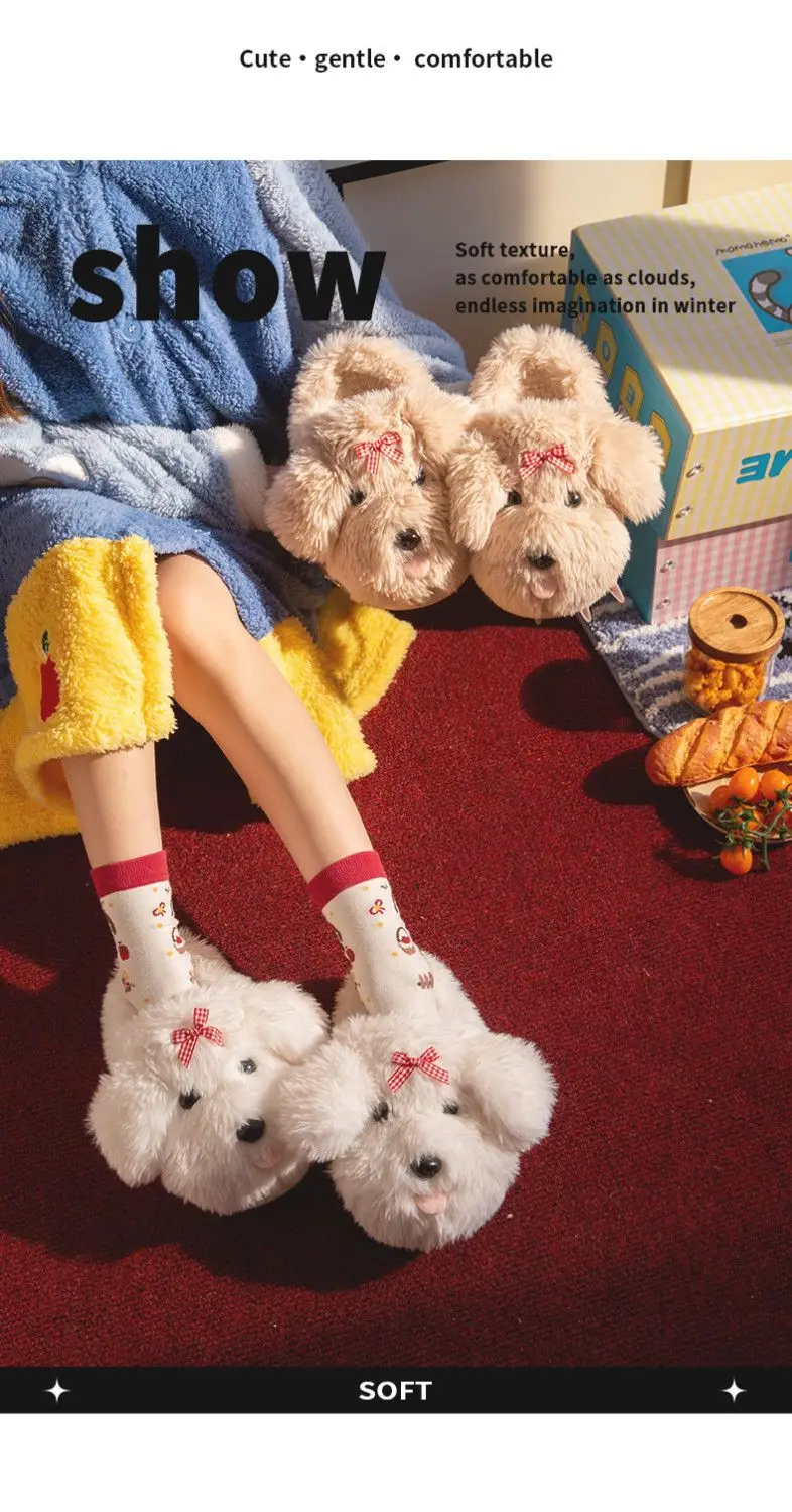 Super cute women's cotton slippers for winter, home use, with tongue-out puppy design, plush lined, warm, indoor non-slip soft-soled furry slippers — feature 12