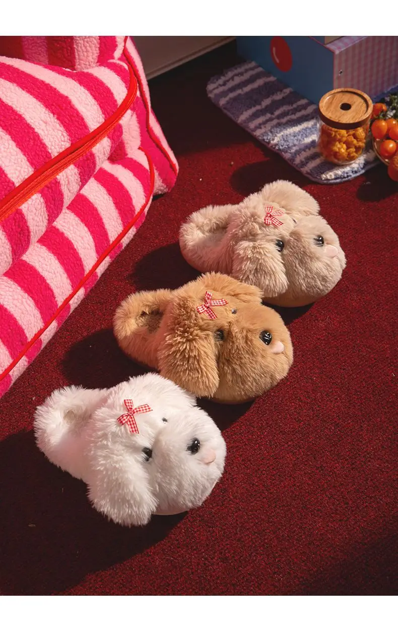 Super cute women's cotton slippers for winter, home use, with tongue-out puppy design, plush lined, warm, indoor non-slip soft-soled furry slippers — feature 3