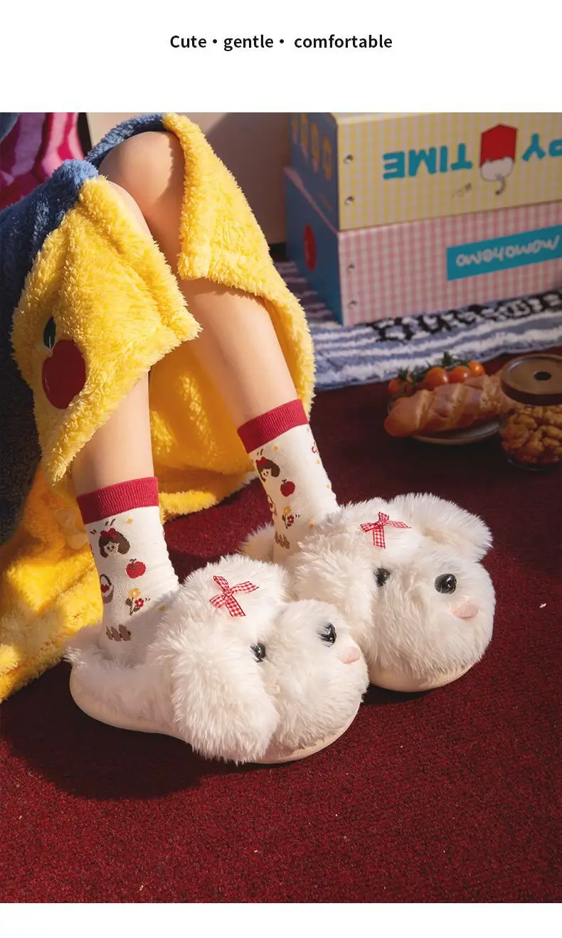 Super cute women's cotton slippers for winter, home use, with tongue-out puppy design, plush lined, warm, indoor non-slip soft-soled furry slippers — feature 9