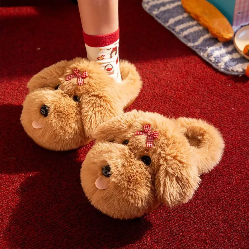 Super cute women's cotton slippers for winter, home use, with tongue-out puppy design, plush lined, warm, indoor non-slip soft-soled furry slippers