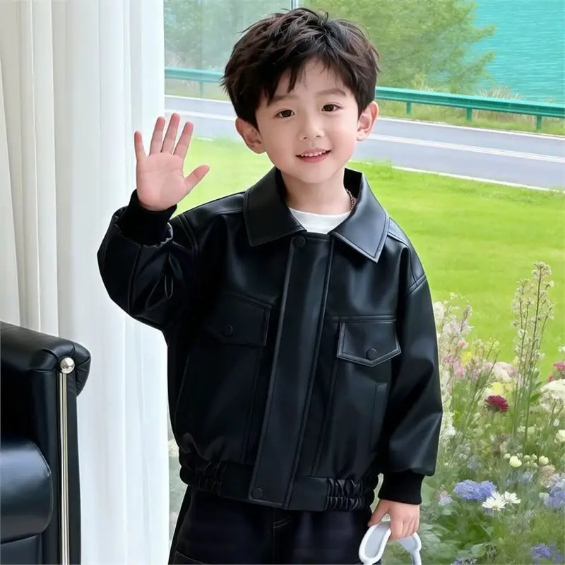 Cool and stylish boys' leather jacket 2026 spring/autumn new children's spring leather jacket trendy cool little boys' spring clothing