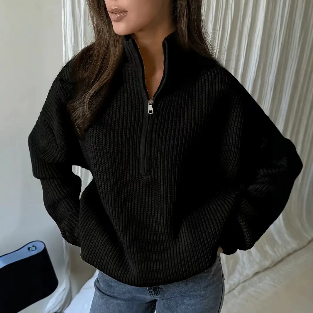 2026 European and American Amazon cross-border autumn and winter loose-fitting versatile knitted pullover casual style zippered sweater for outerwear