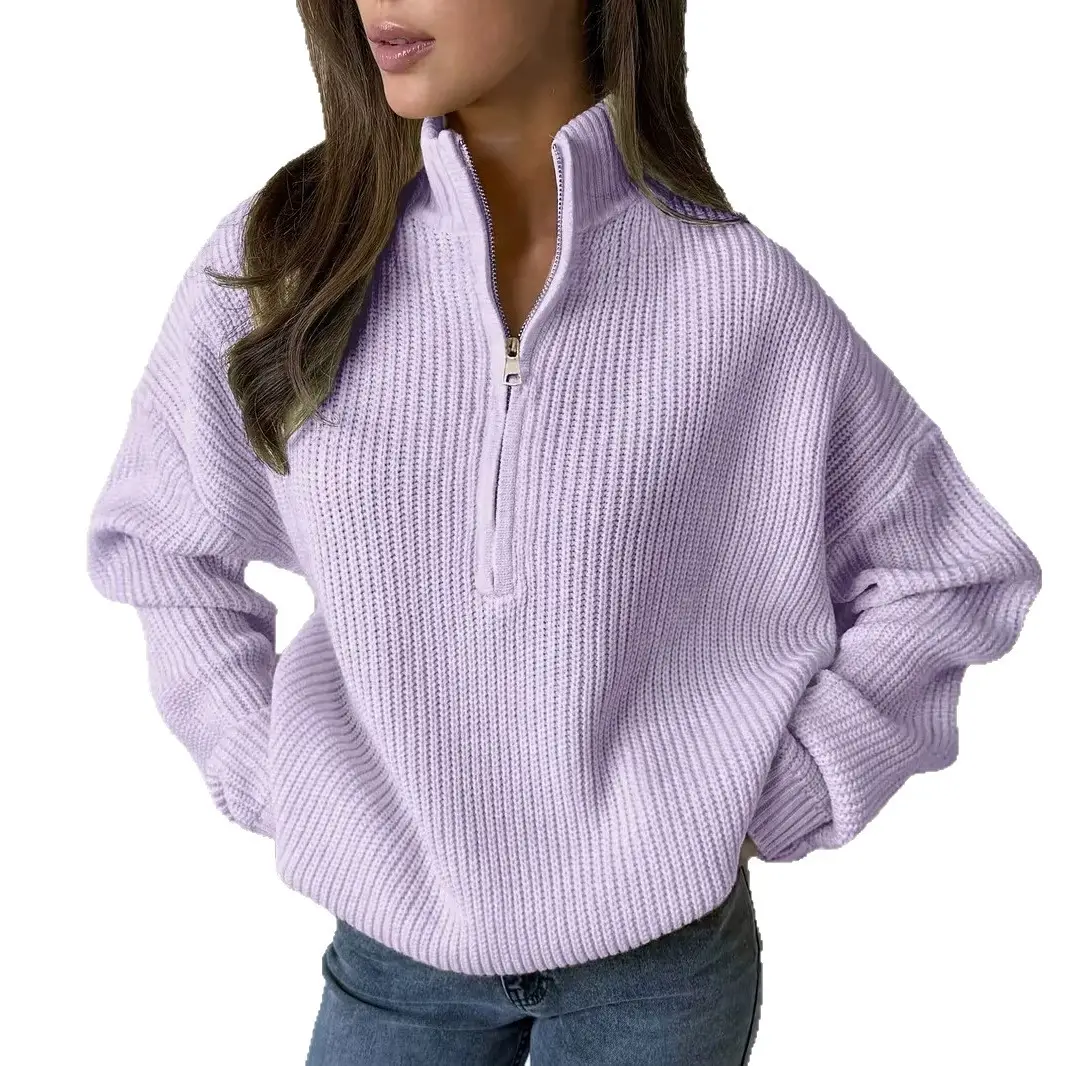 2026 European and American Amazon cross-border autumn and winter loose-fitting versatile knitted pullover casual style zippered sweater for outerwear