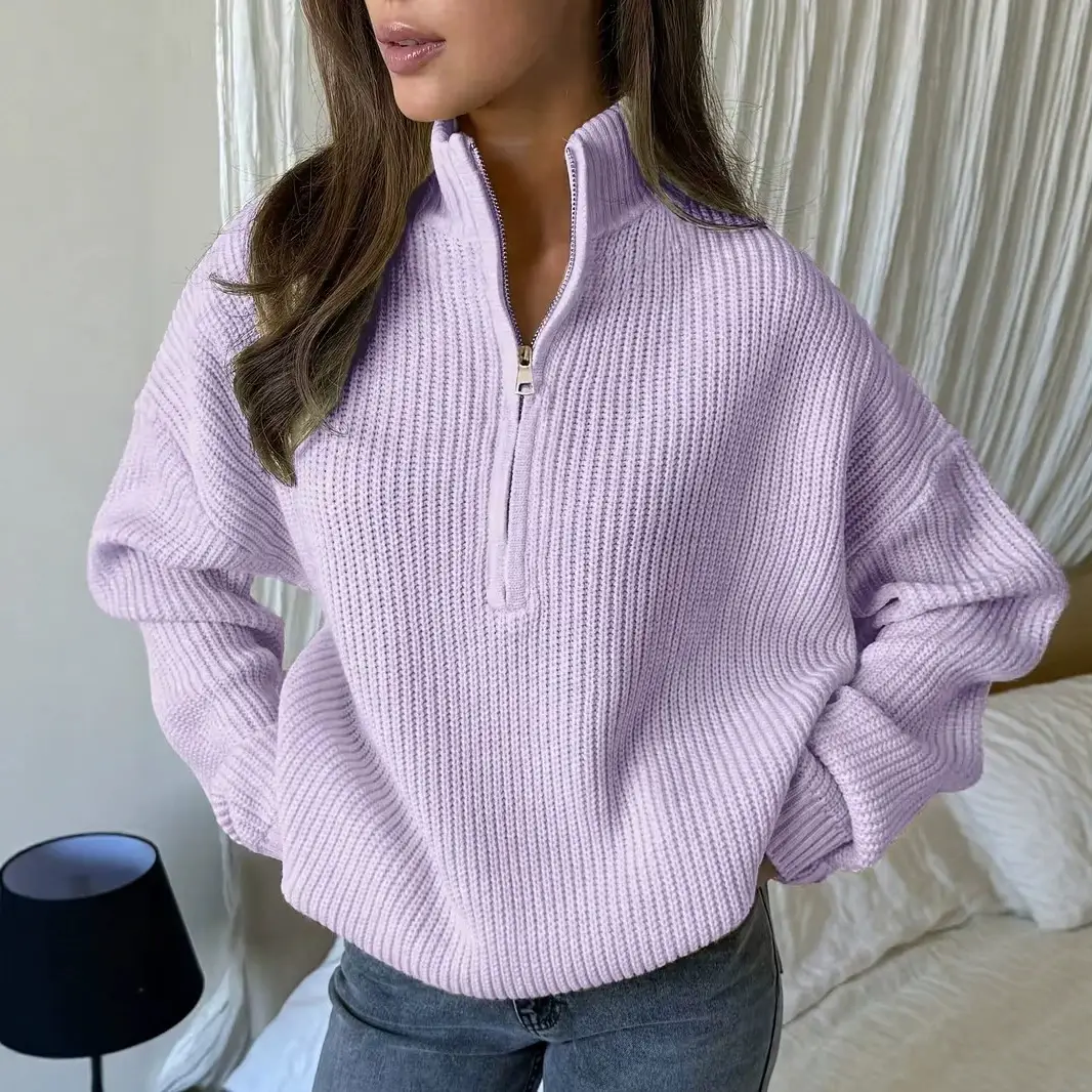 2026 European and American Amazon cross-border autumn and winter loose-fitting versatile knitted pullover casual style zippered sweater for outerwear