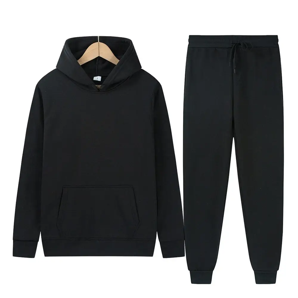 Men's sports suit for foreign trade, solid color fleece warm autumn and winter hoodie, loose-fitting sports pullover