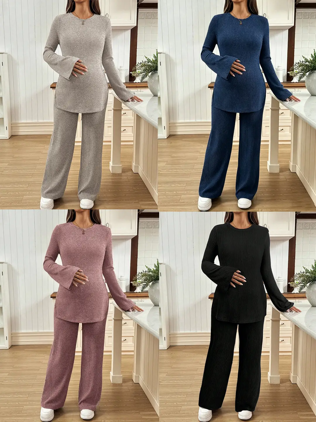 Ribbed Knit Maternity Set: Flared Long-Sleeve Slit Top and Wide-Leg Pants, Casual Home and Outdoor Two-Piece Outfit