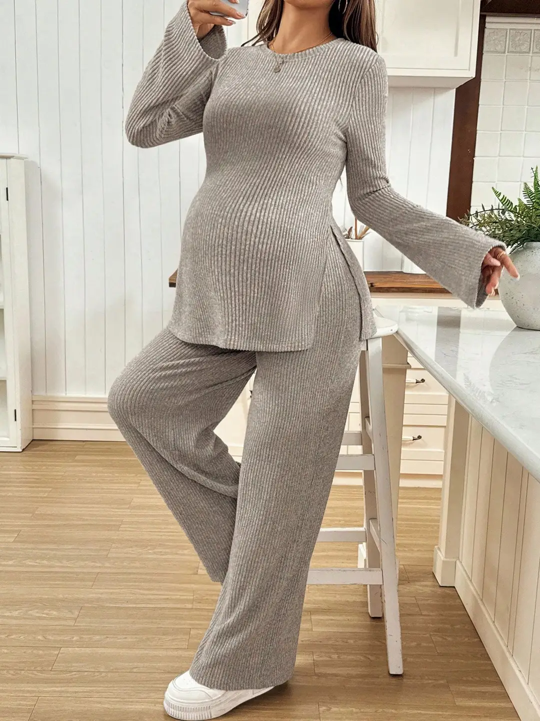 Ribbed Knit Maternity Set: Flared Long-Sleeve Slit Top and Wide-Leg Pants, Casual Home and Outdoor Two-Piece Outfit