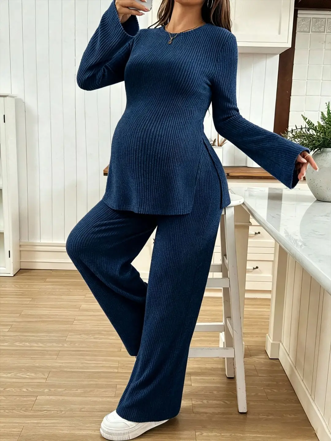 Ribbed Knit Maternity Set: Flared Long-Sleeve Slit Top and Wide-Leg Pants, Casual Home and Outdoor Two-Piece Outfit
