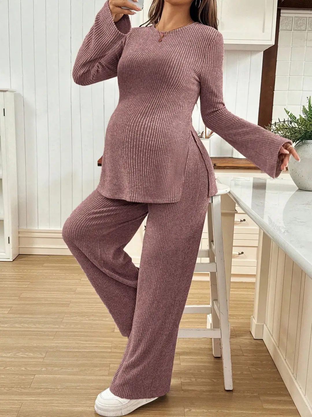 Ribbed Knit Maternity Set: Flared Long-Sleeve Slit Top and Wide-Leg Pants, Casual Home and Outdoor Two-Piece Outfit
