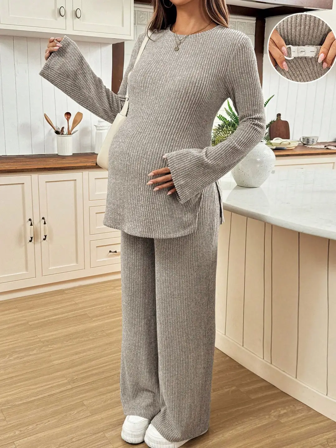 Ribbed Knit Maternity Set: Flared Long-Sleeve Slit Top and Wide-Leg Pants, Casual Home and Outdoor Two-Piece Outfit — feature 10
