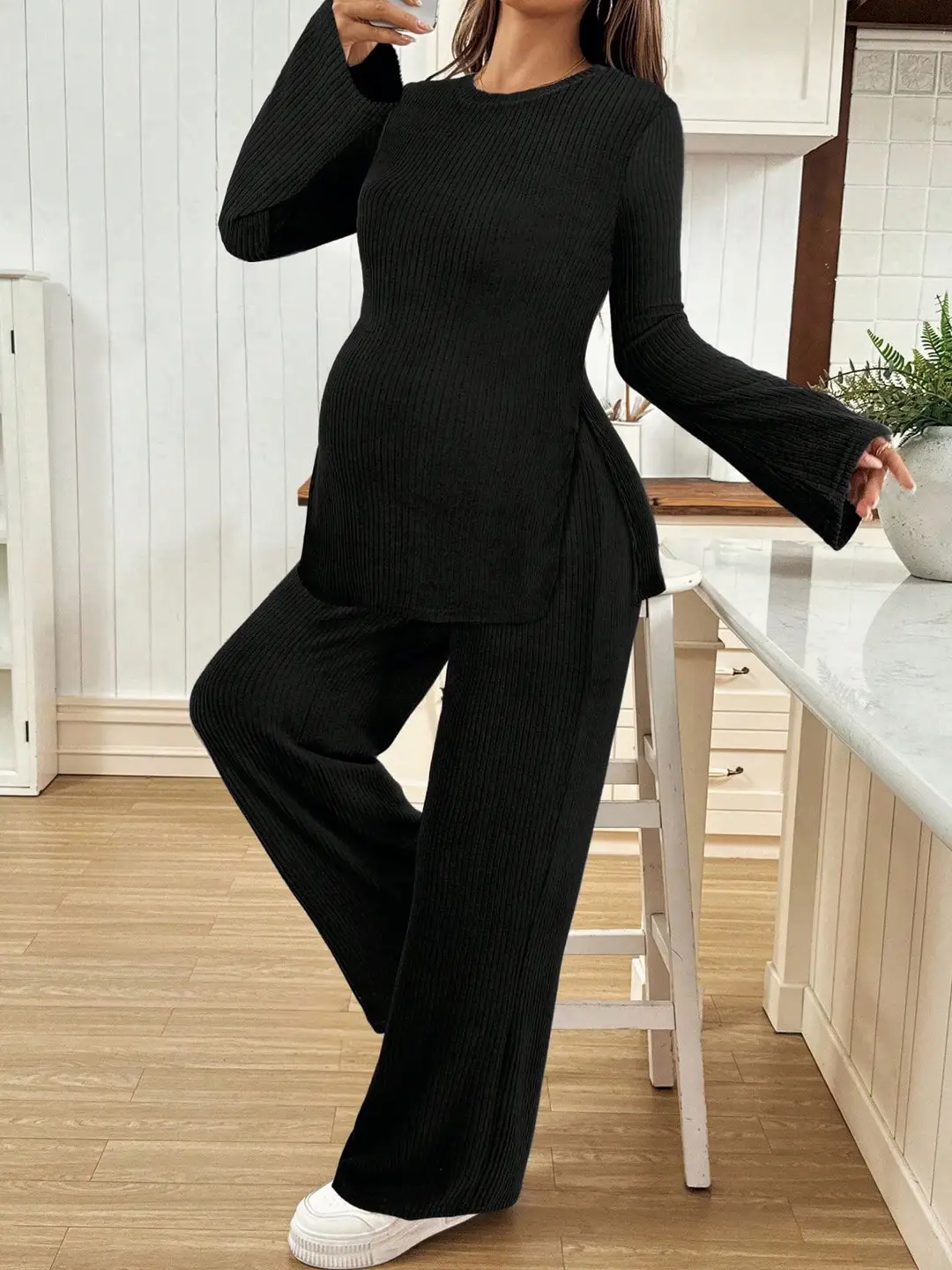 Ribbed Knit Maternity Set: Flared Long-Sleeve Slit Top and Wide-Leg Pants, Casual Home and Outdoor Two-Piece Outfit — feature 12