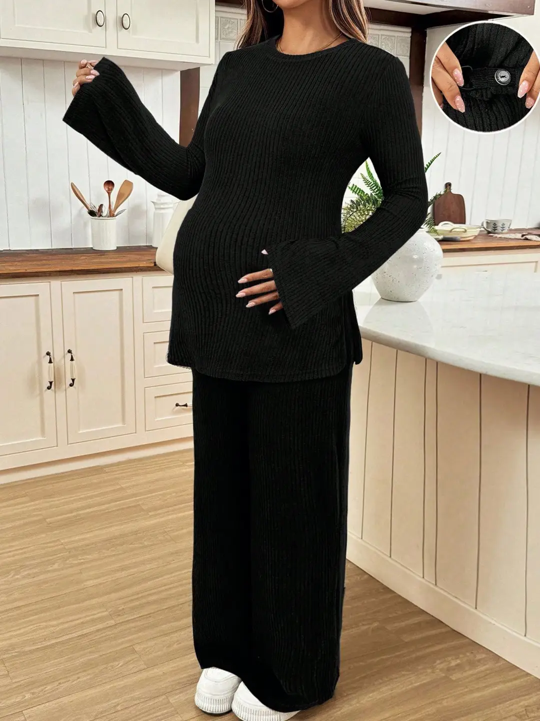 Ribbed Knit Maternity Set: Flared Long-Sleeve Slit Top and Wide-Leg Pants, Casual Home and Outdoor Two-Piece Outfit — feature 13