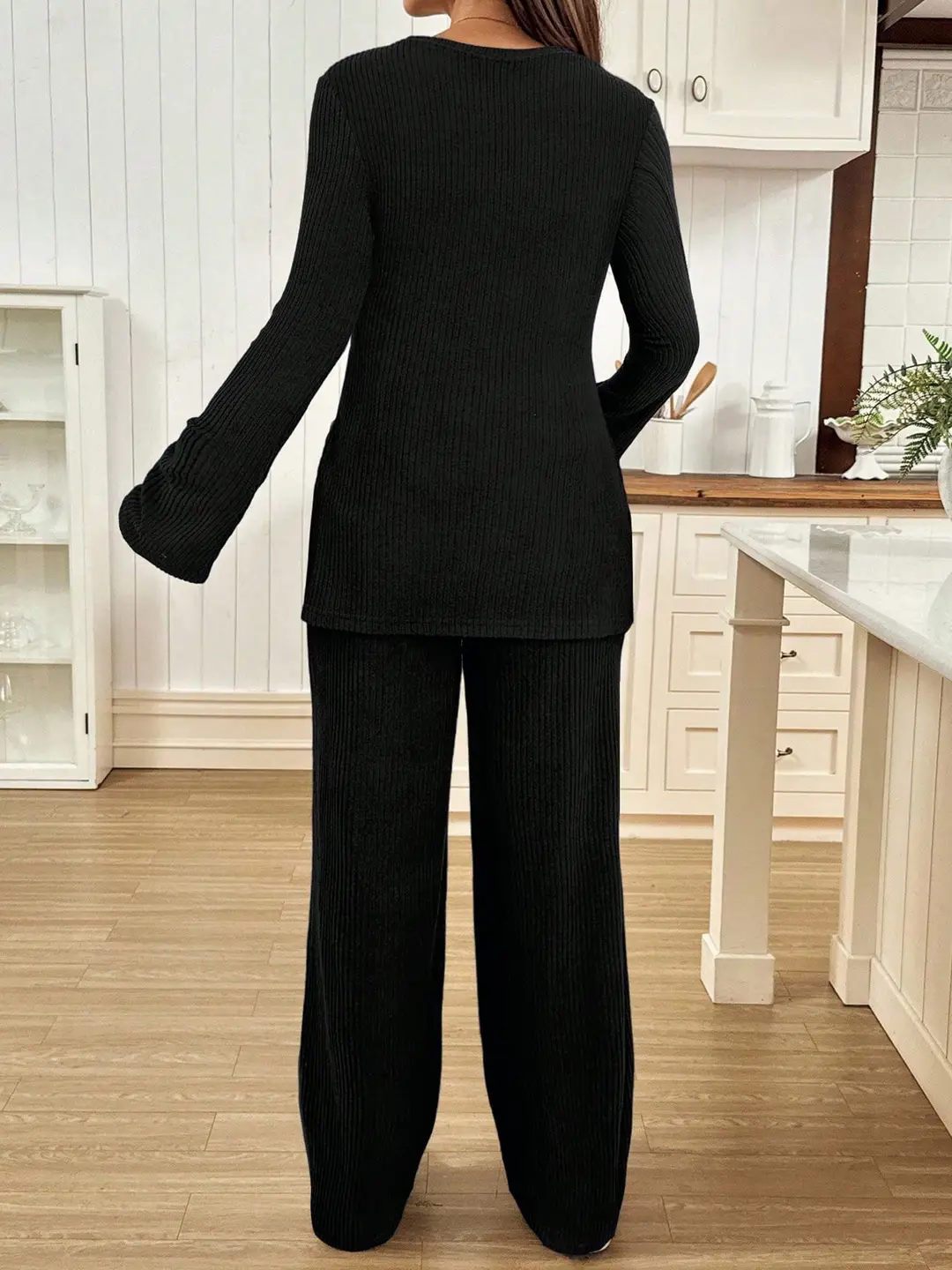 Ribbed Knit Maternity Set: Flared Long-Sleeve Slit Top and Wide-Leg Pants, Casual Home and Outdoor Two-Piece Outfit — feature 15