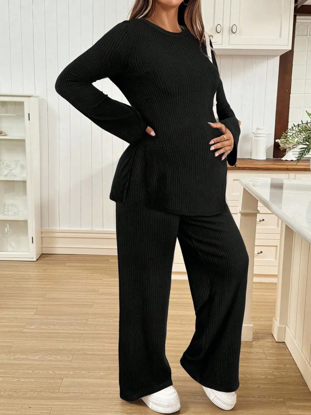 Ribbed Knit Maternity Set: Flared Long-Sleeve Slit Top and Wide-Leg Pants, Casual Home and Outdoor Two-Piece Outfit — feature 16