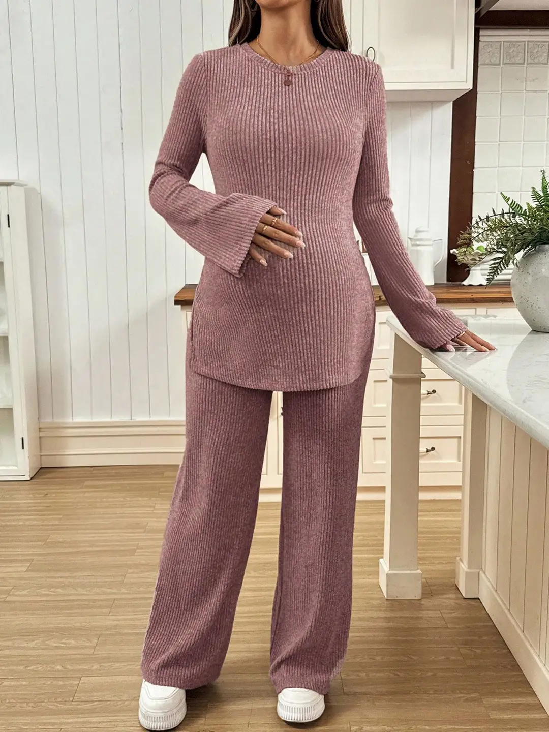 Ribbed Knit Maternity Set: Flared Long-Sleeve Slit Top and Wide-Leg Pants, Casual Home and Outdoor Two-Piece Outfit — feature 19