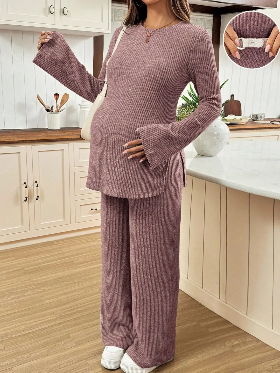 Ribbed Knit Maternity Set: Flared Long-Sleeve Slit Top and Wide-Leg Pants, Casual Home and Outdoor Two-Piece Outfit — feature 20