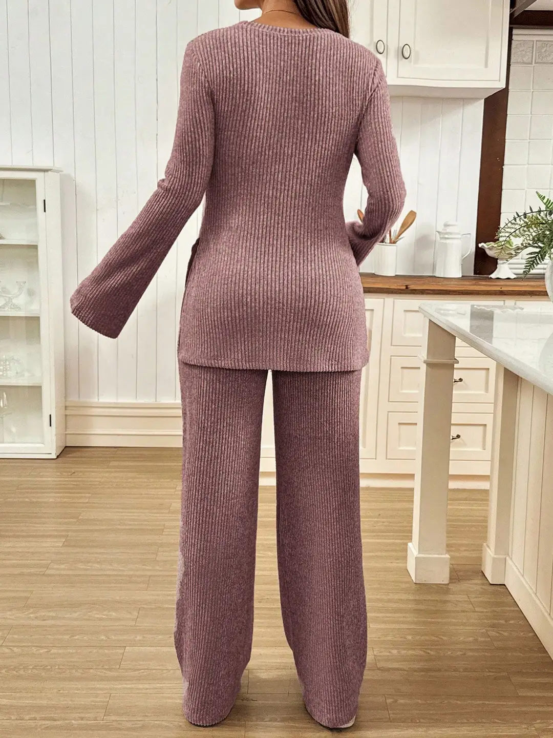Ribbed Knit Maternity Set: Flared Long-Sleeve Slit Top and Wide-Leg Pants, Casual Home and Outdoor Two-Piece Outfit — feature 22