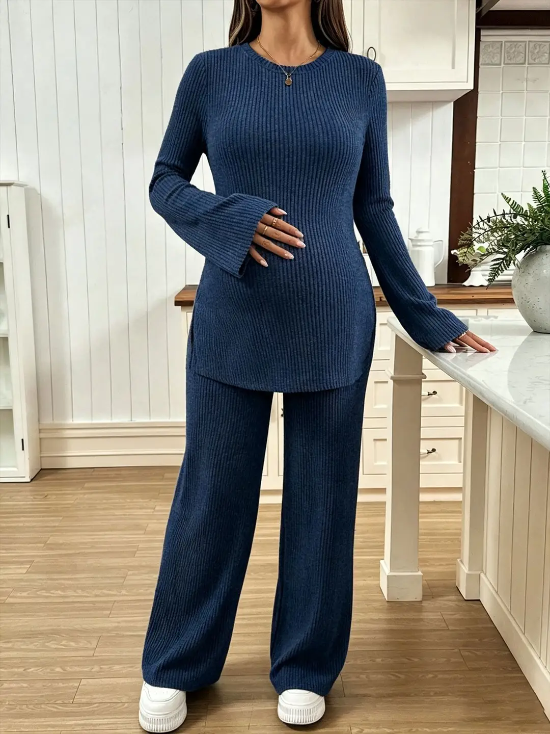Ribbed Knit Maternity Set: Flared Long-Sleeve Slit Top and Wide-Leg Pants, Casual Home and Outdoor Two-Piece Outfit — feature 24