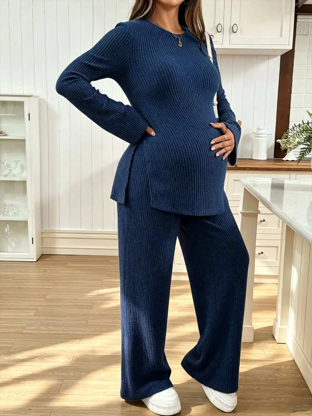 Ribbed Knit Maternity Set: Flared Long-Sleeve Slit Top and Wide-Leg Pants, Casual Home and Outdoor Two-Piece Outfit — feature 26