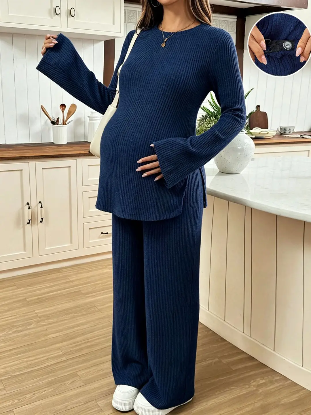 Ribbed Knit Maternity Set: Flared Long-Sleeve Slit Top and Wide-Leg Pants, Casual Home and Outdoor Two-Piece Outfit — feature 27