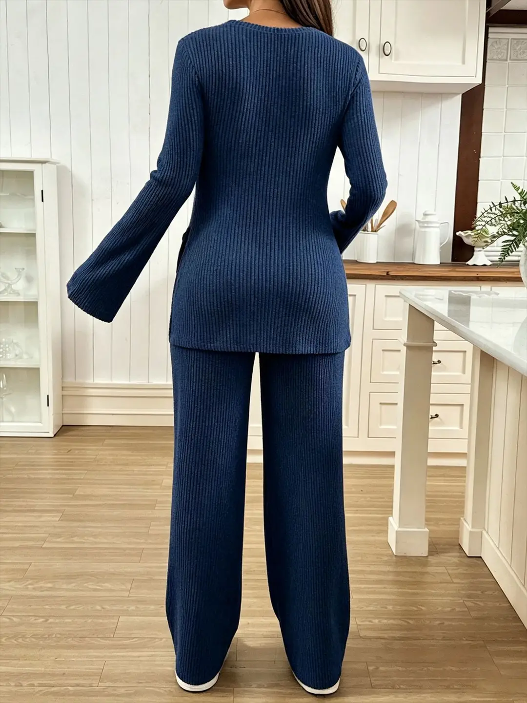 Ribbed Knit Maternity Set: Flared Long-Sleeve Slit Top and Wide-Leg Pants, Casual Home and Outdoor Two-Piece Outfit — feature 28
