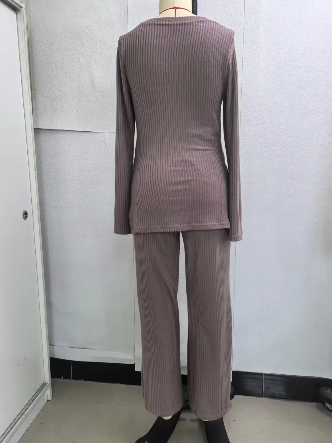 Ribbed Knit Maternity Set: Flared Long-Sleeve Slit Top and Wide-Leg Pants, Casual Home and Outdoor Two-Piece Outfit — feature 3