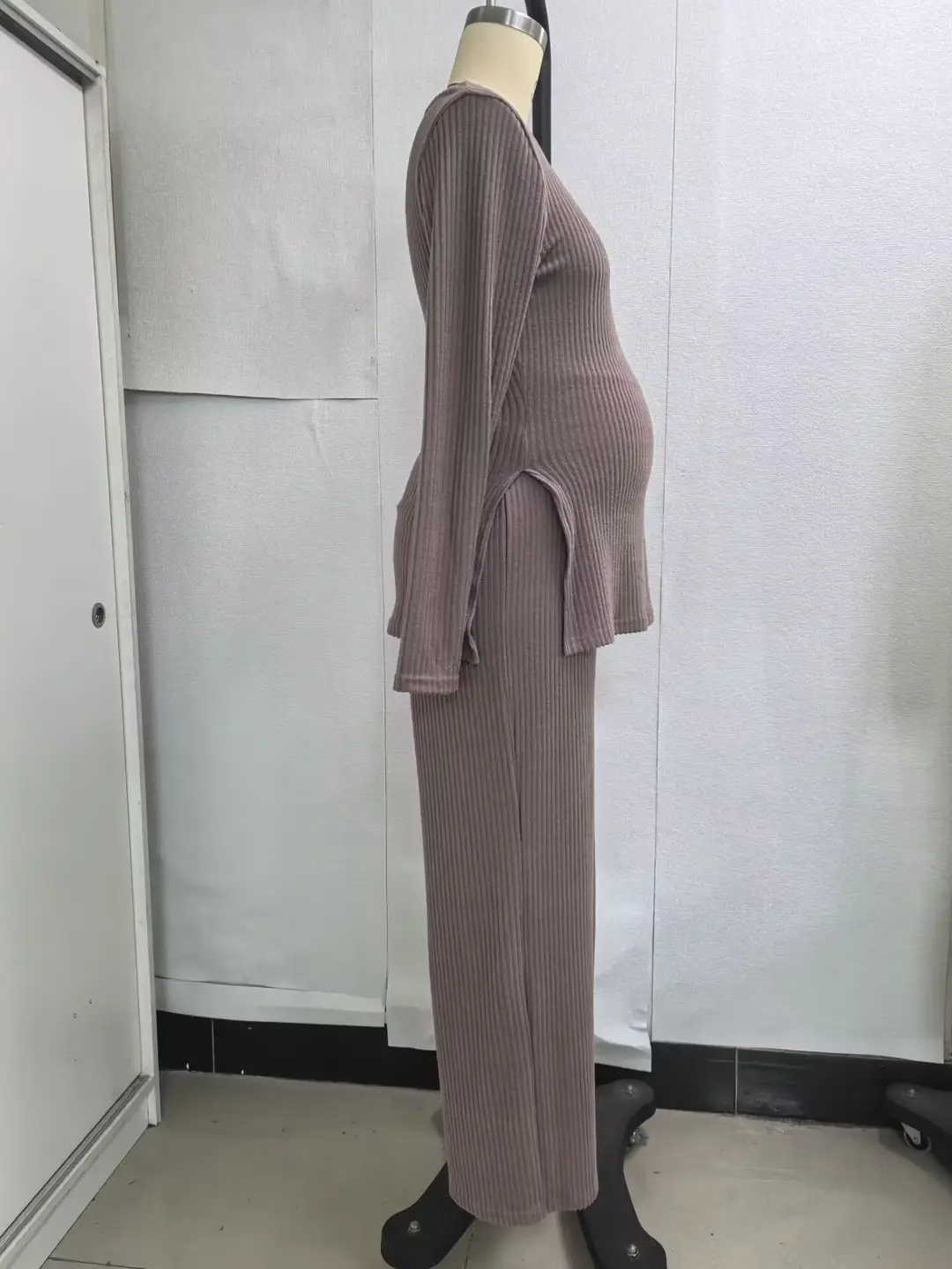 Ribbed Knit Maternity Set: Flared Long-Sleeve Slit Top and Wide-Leg Pants, Casual Home and Outdoor Two-Piece Outfit — feature 4