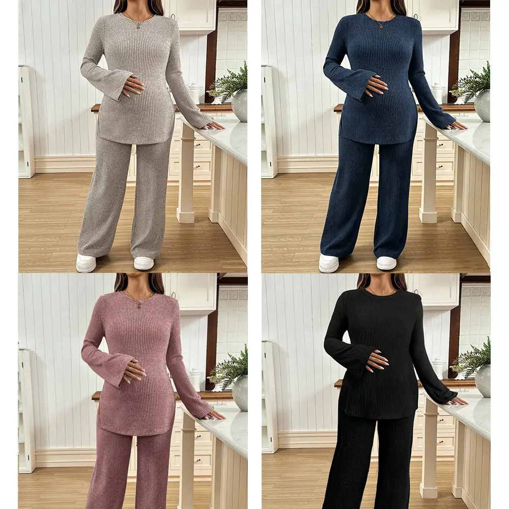 Ribbed Knit Maternity Set: Flared Long-Sleeve Slit Top and Wide-Leg Pants, Casual Home and Outdoor Two-Piece Outfit — feature 5