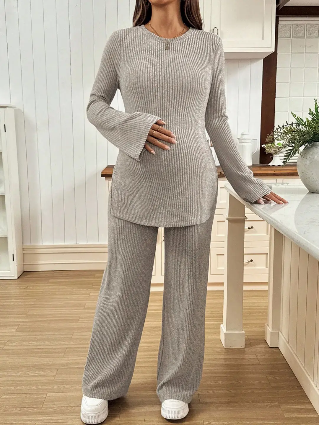 Ribbed Knit Maternity Set: Flared Long-Sleeve Slit Top and Wide-Leg Pants, Casual Home and Outdoor Two-Piece Outfit — feature 6