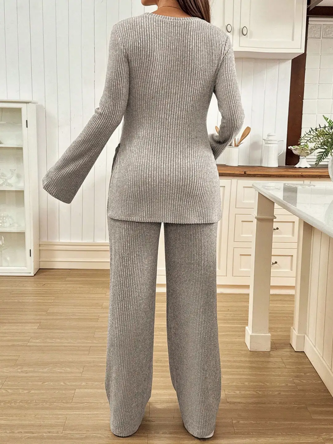 Ribbed Knit Maternity Set: Flared Long-Sleeve Slit Top and Wide-Leg Pants, Casual Home and Outdoor Two-Piece Outfit — feature 9