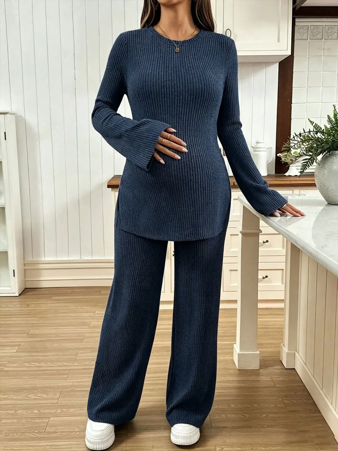 Ribbed Knit Maternity Set: Flared Long-Sleeve Slit Top and Wide-Leg Pants, Casual Home and Outdoor Two-Piece Outfit