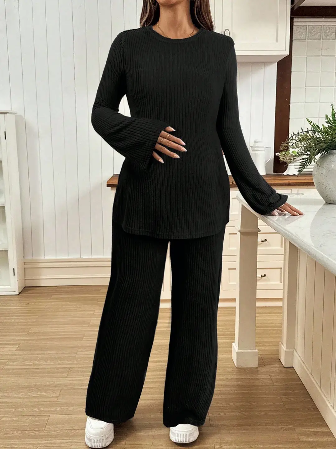 Ribbed Knit Maternity Set: Flared Long-Sleeve Slit Top and Wide-Leg Pants, Casual Home and Outdoor Two-Piece Outfit