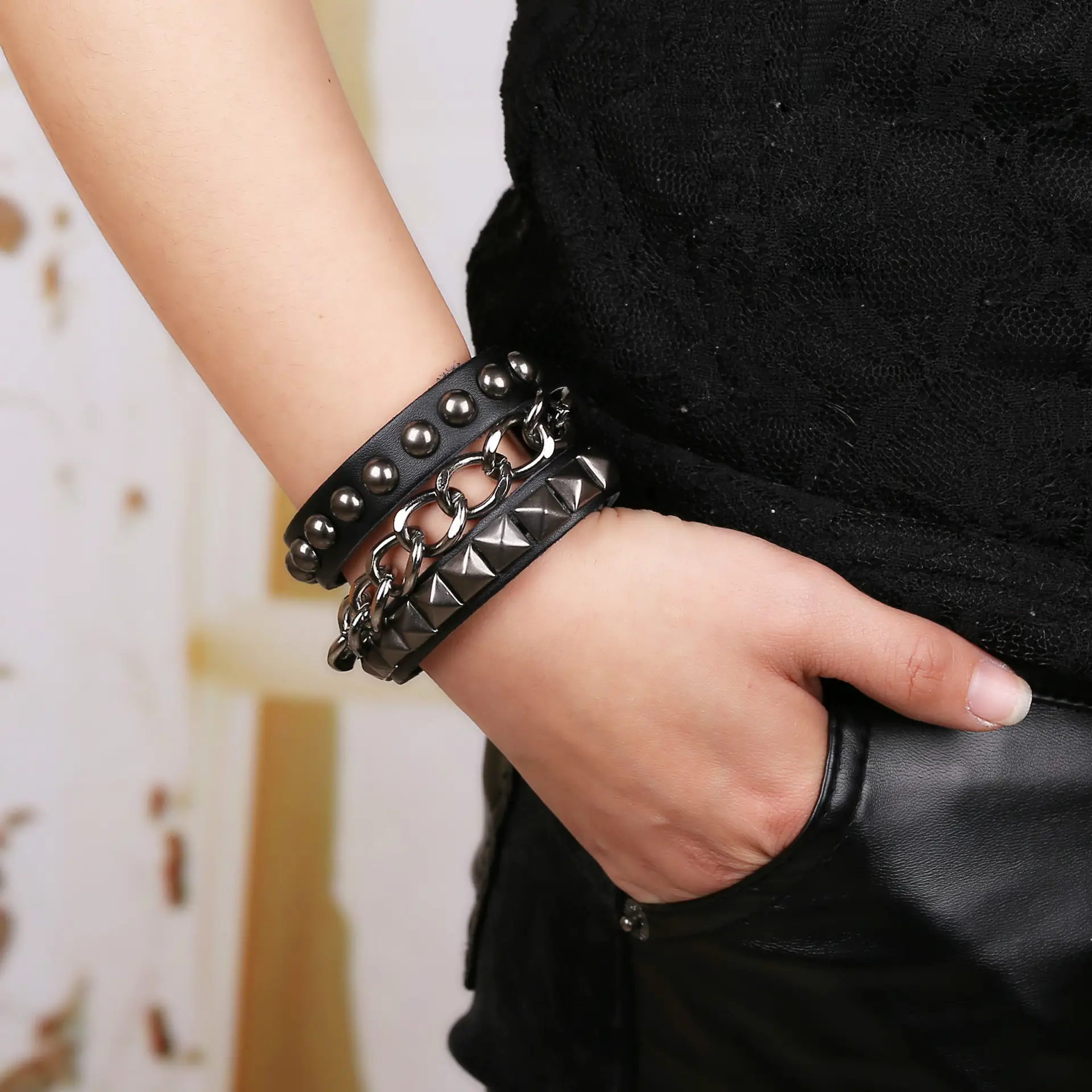 Punk Leather Rivet Bracelet Black Wholesale