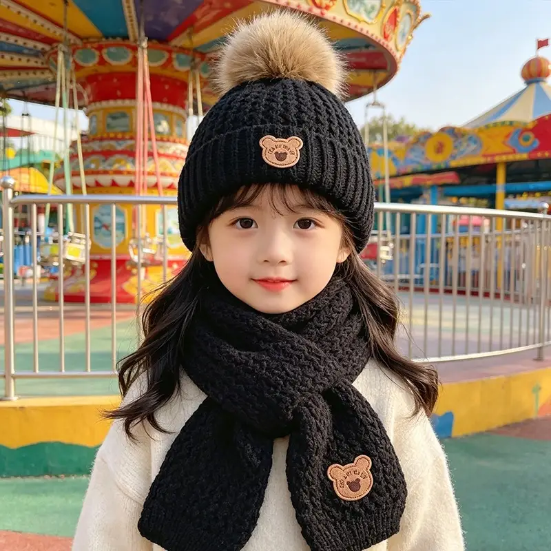 Children's hat, scarf, and gloves three-piece set, warm and fleece-lined, for boys and girls, bear woolen hat, thin autumn style